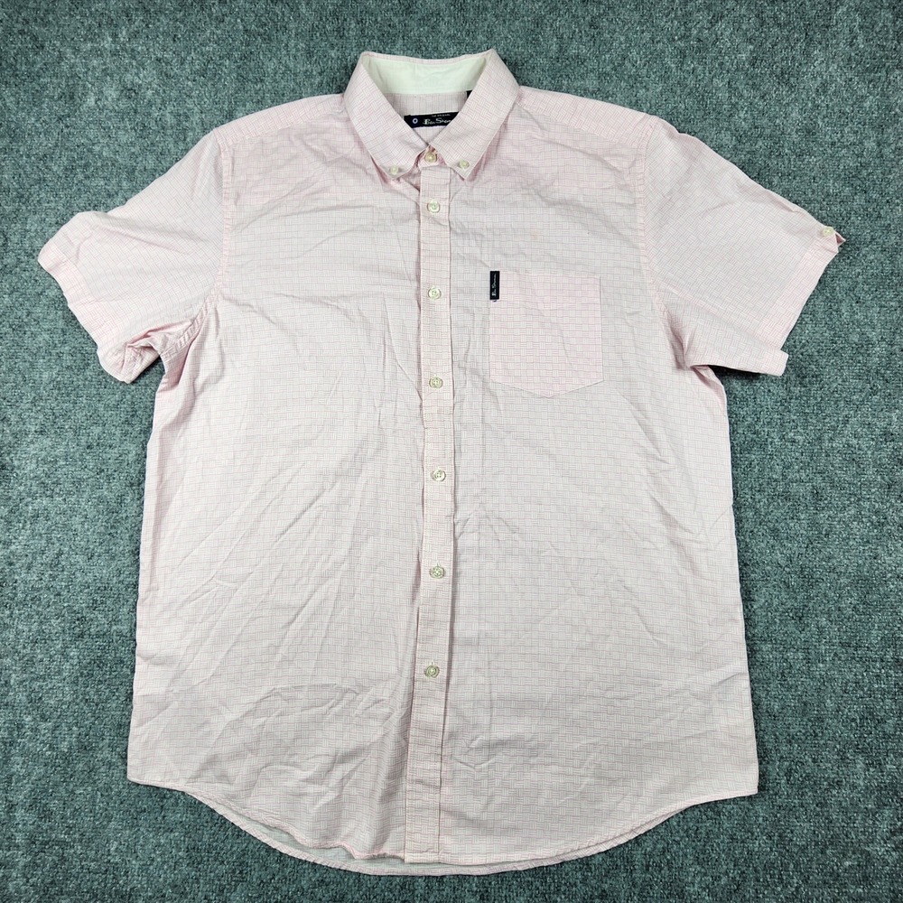 Ben Sherman Mens XL Pink Geometric Weave Short Sleeve Button Up Shirt Cotton